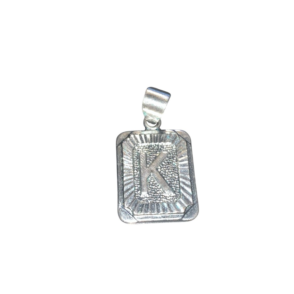 Vintage style Silver tone Initial K Pendant Rectangular SunburstTag Charm